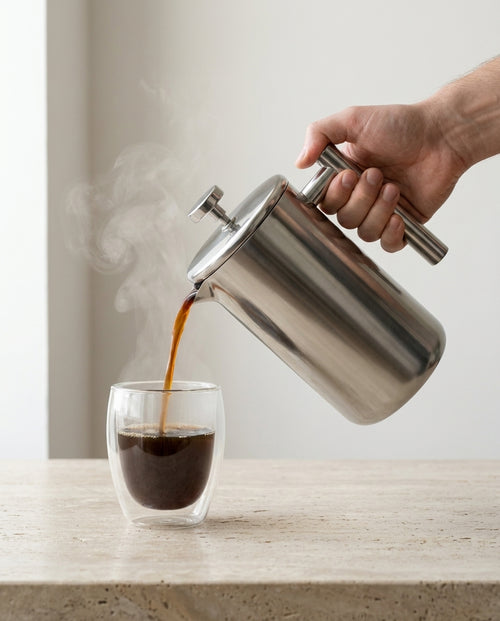 The Signature Stainless Steel French Press - pouring fresh coffee