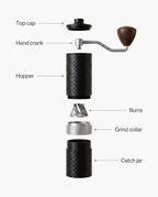Diamond Manual Grinder, aluminum manual coffee grinder with steel burrs, parts diagram