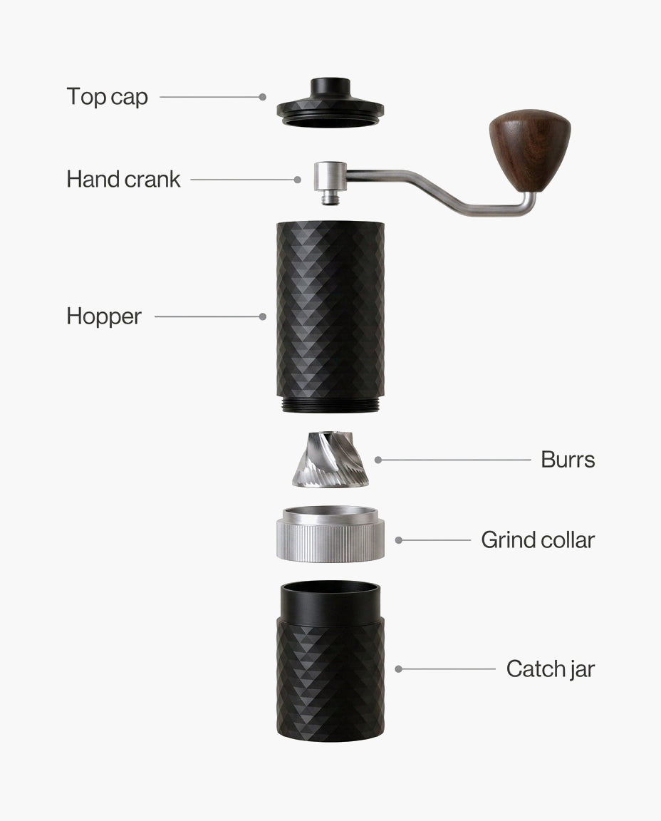 Diamond Manual Grinder, aluminum manual coffee grinder with steel burrs, parts diagram