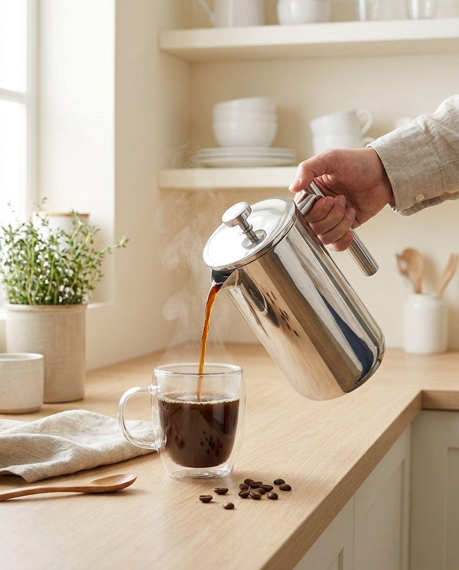 The Signature Stainless Steel French Press - action_steam_pour