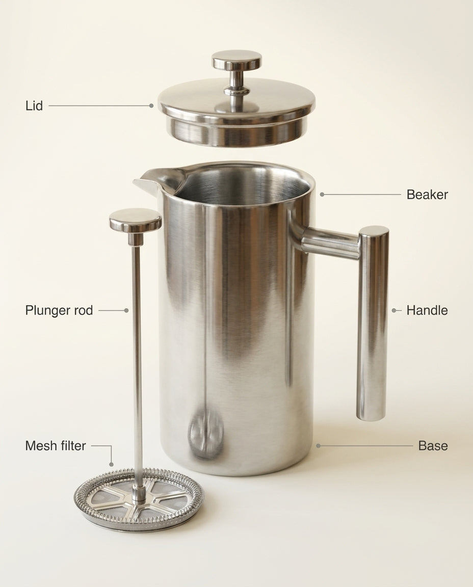 The Signature Stainless Steel French Press - anatomy_schema