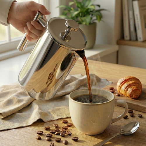 The Signature Stainless Steel French Press — in use
