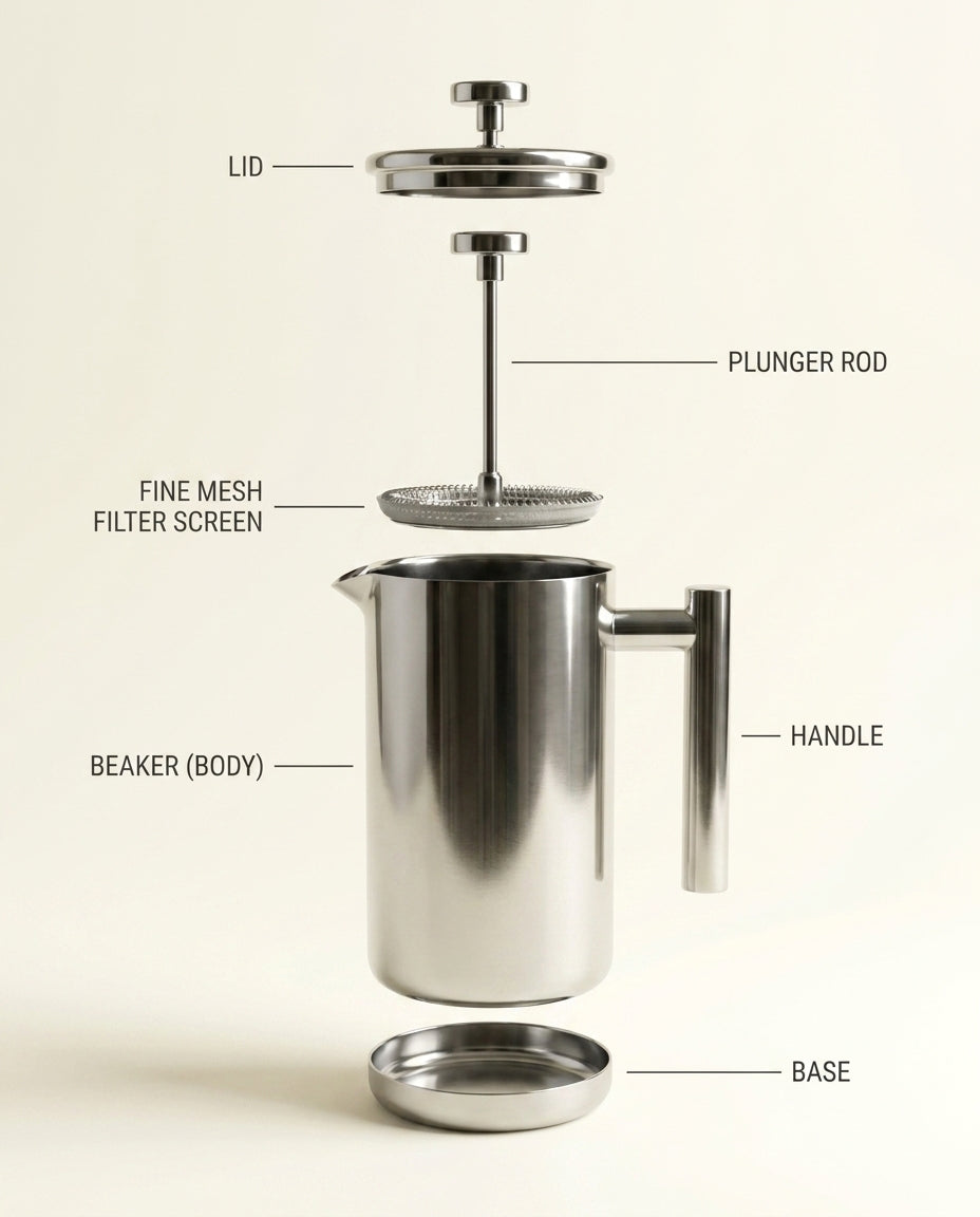 The Signature Stainless Steel French Press - components and parts