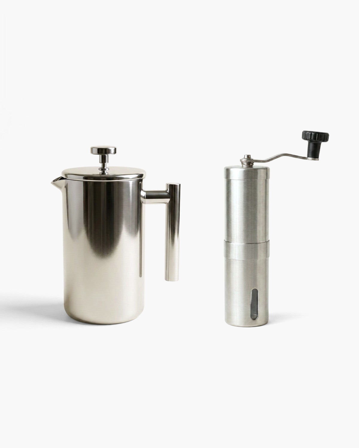 The Brew Kit: Signature stainless steel French press and Precision manual burr grinder in brushed silver