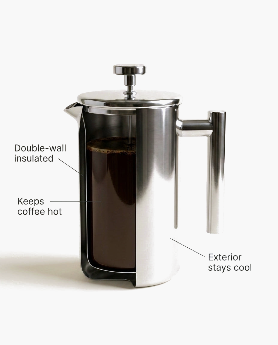 Double-wall stainless steel body of the Signature French press