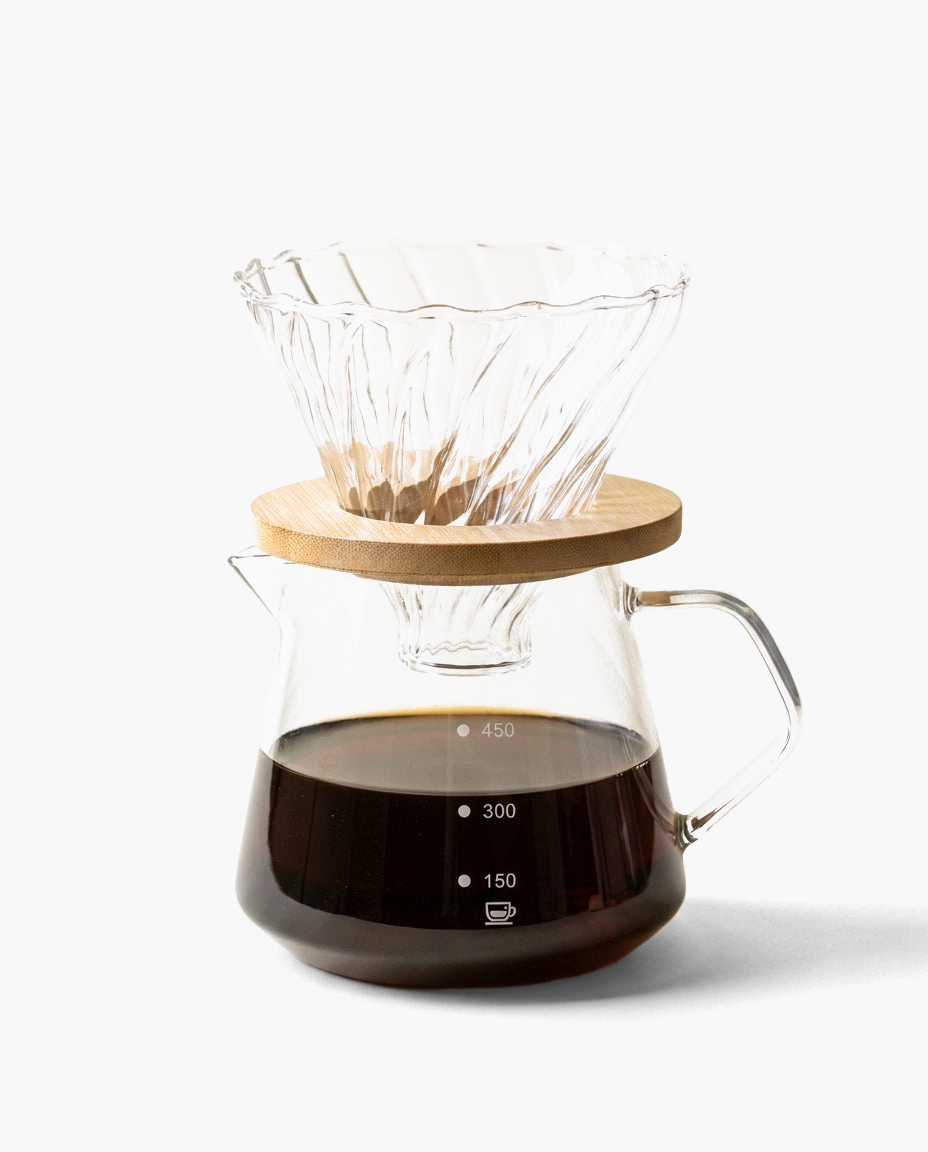 Toscana Pour-Over Set, glass pour over coffee maker with bamboo collar, studio photo