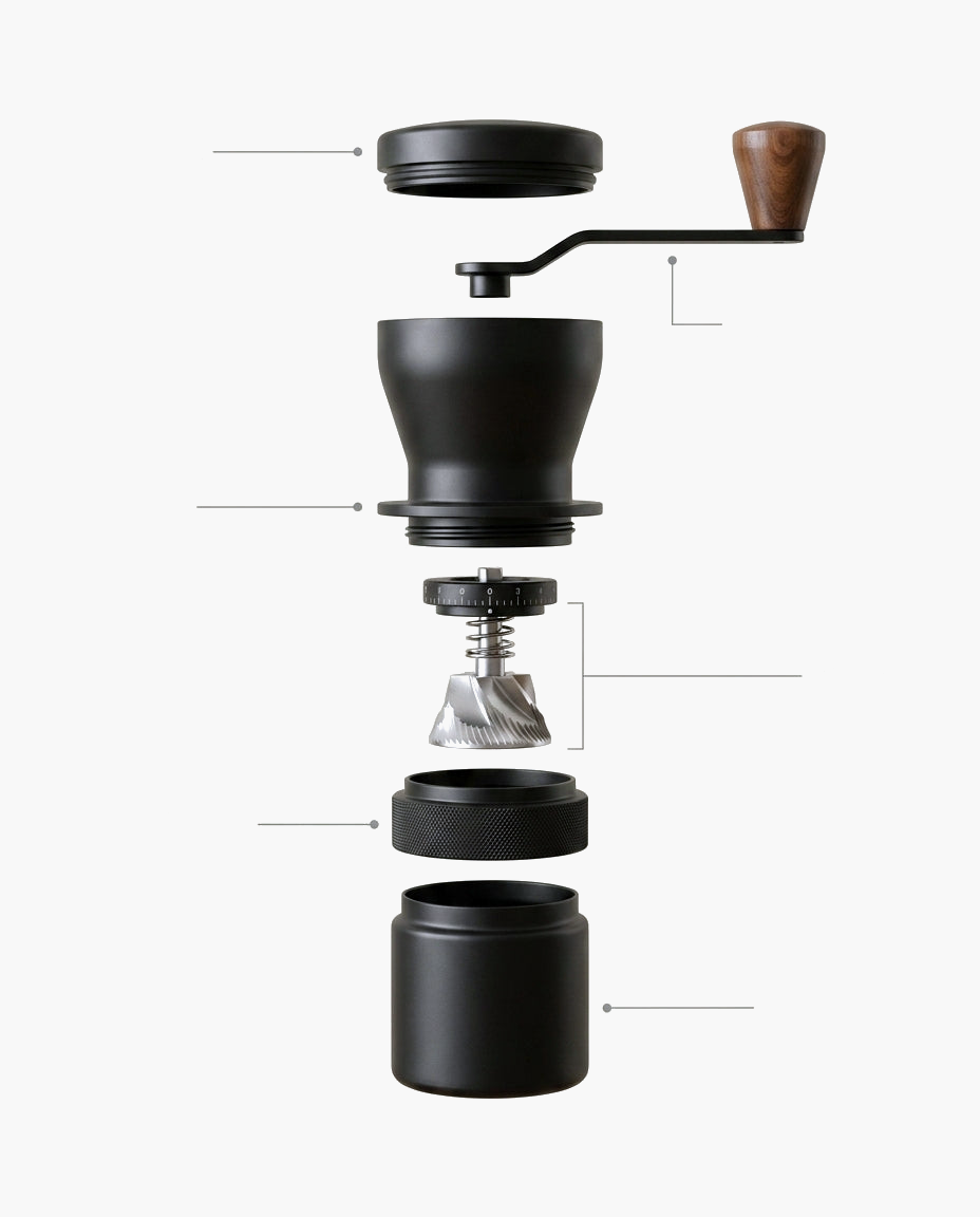 Voyager Hand Grinder, portable metal hand coffee grinder, parts diagram