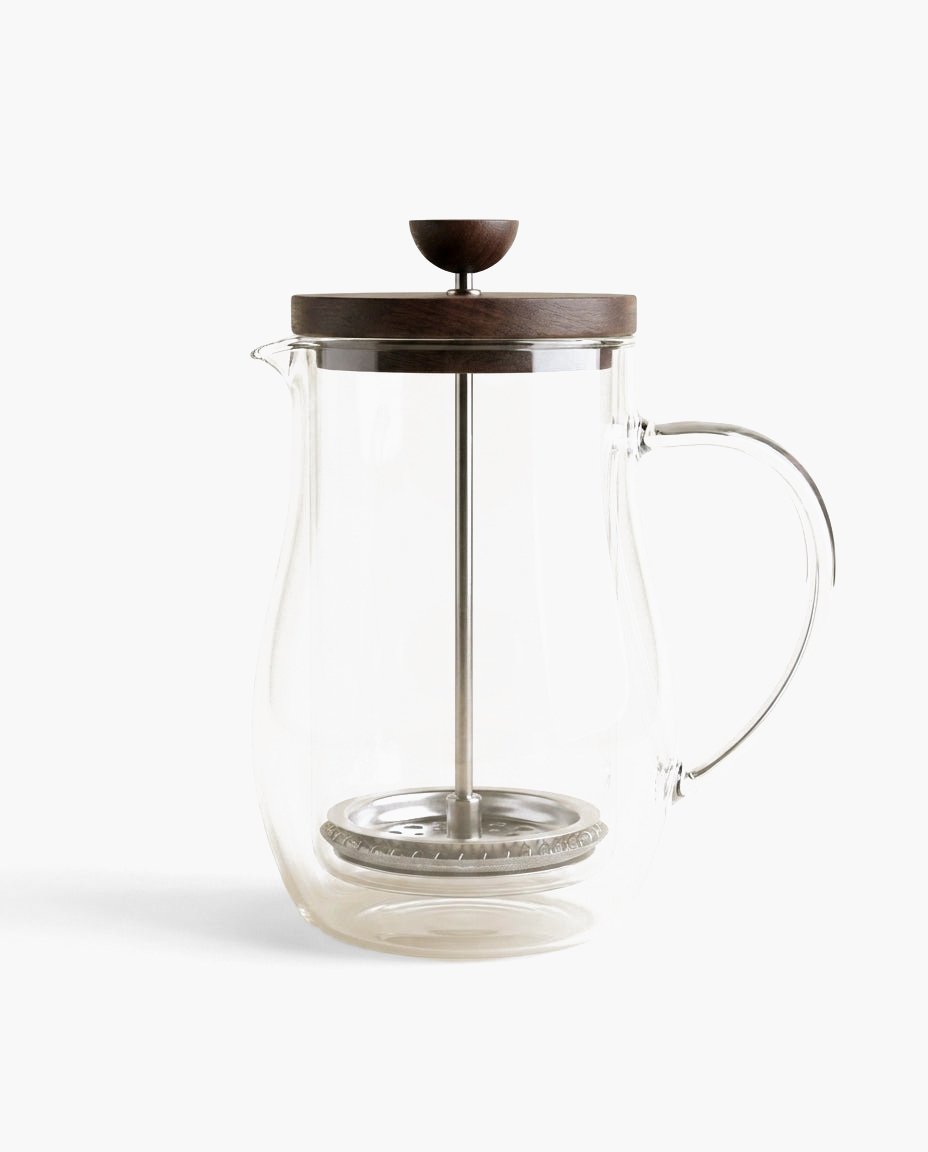 Walnut Glass Press, double-wall glass French press with rosewood lid, studio photo