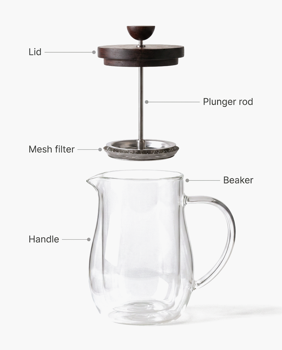 Walnut Glass Press, double-wall glass French press with rosewood lid, parts diagram