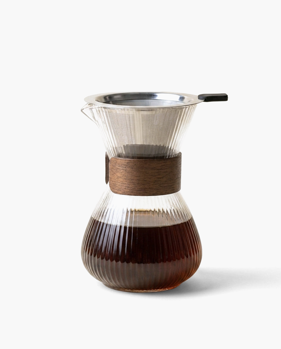 Workshop Pour-Over Set, glass pour over coffee maker with steel filter, studio photo