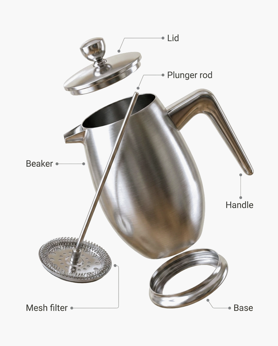 Workshop Insulated Press, double-wall stainless steel French press, parts diagram